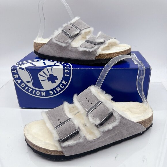 Birkenstock Arizona Shearling Sandal Stone Coin Suede Leather EU 38 US 7- 7.5 - Picture 1 of 13